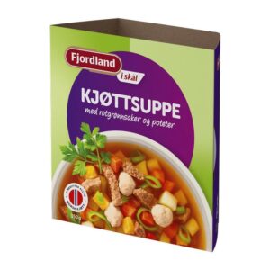 En boks med Fjordland Kjøttsuppe