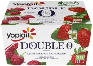 Yoplait Double 0 Yoghurt | Kalorier En pakke Yoplait Double 0 Yoghurt Jordbær og Bringebær